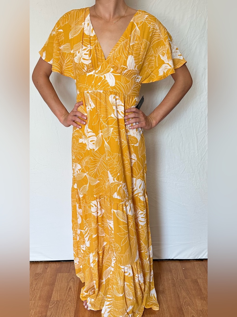 Lulu's Yellow Floral V-Neck Maxi Dress with Flutter Sleeves